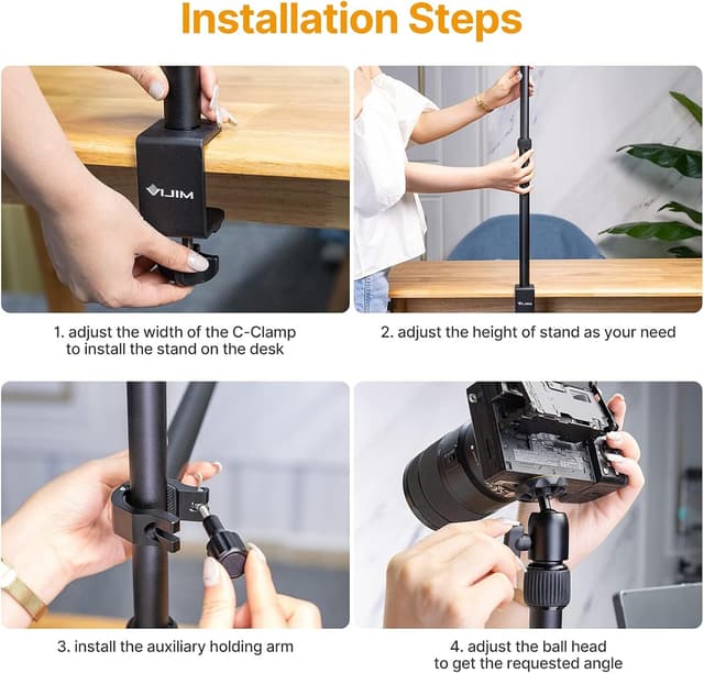 Detalle de ULANZI LS02 Kamera-Tischhalterung (44–105 cm), Klemmstativ mit 360°-Kugelkopf und ausziehbarem Boom Arm