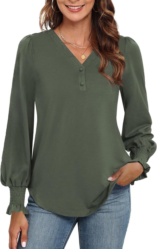 Detalle de Neineiwu Langarmshirt Damen mit V-Ausschnitt und Knopfleiste – elegante Bluse lässig kombinierbar