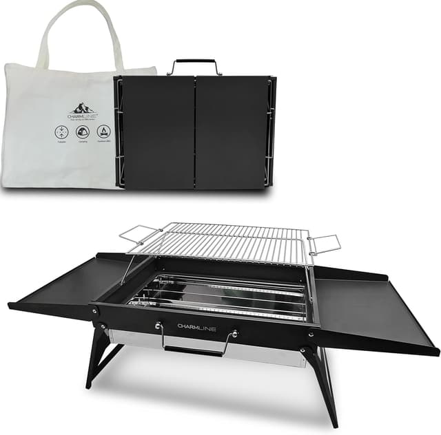 Imagen de Charmline klappbarer Holzkohle-Grill (51 × 35 cm) – tragbarer Kompaktgrill für Camping, Garten und Strand, schwarz en OfertitasTOP