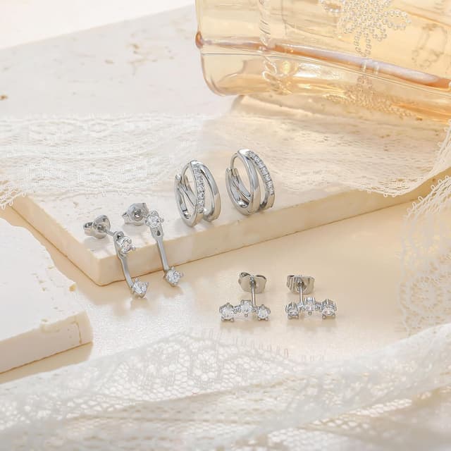 Thumbnail 6 de Set orecchini ZNBOH in argento 925 (3 paia) con zirconi: cerchietti e farfalle/quadrifoglio per fori multipli