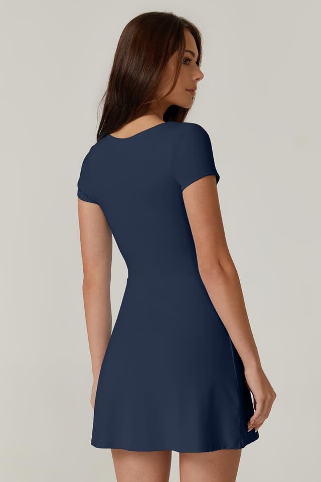 Detalle de QINSEN Women’s Square Neck Tennis Dress with Built-In Shorts and Pockets