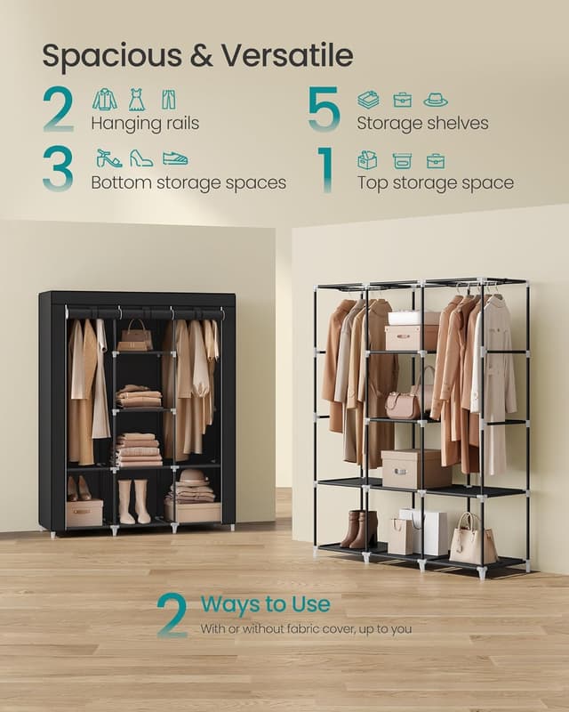 Detalle de SONGMICS Clothes Wardrobe Portable Closet with Cover, Hanging Rails & Shelves (RYG096B01) 130 x 45 x 168cm