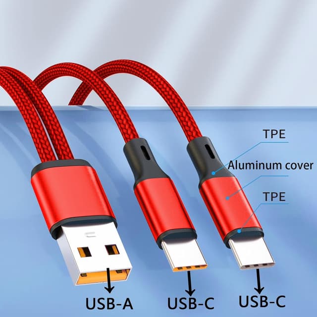 Detalle de Multi USB‑C Kabel 1,2 m (2‑in‑1) – Dual Splitter USB‑A auf Doppel‑USB‑C, 3A, Nylon (Mehrfach Typ C Ladekabel)