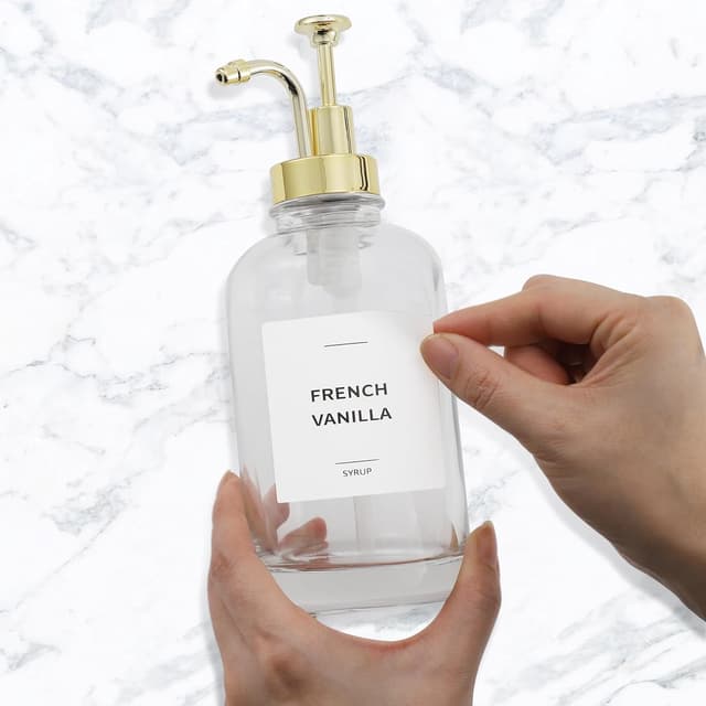 Detalle de Spaceneat Coffee Syrup Dispenser with Pump (Glass) – 500 ml bottles, gold set with labels