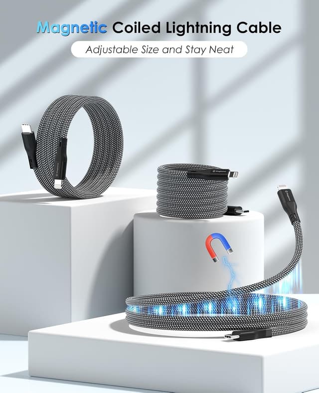 Detalle 2 de Magtame Magnetic Coiled USB-C to Lightning Cable (1.5m) – MFi Certified braided iPhone charging lead, Black