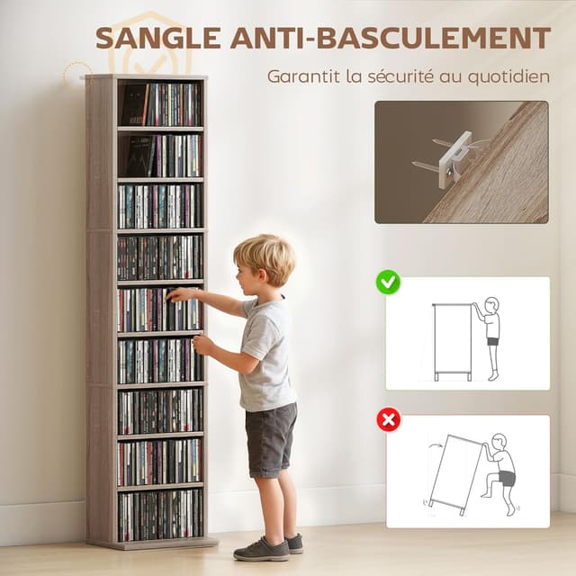 Detalle 2 de HOMCOM meuble de rangement CD/DVD avec étagères réglables (jusqu’à 260 CD / 120 DVD), 33 x 24 x 140 cm