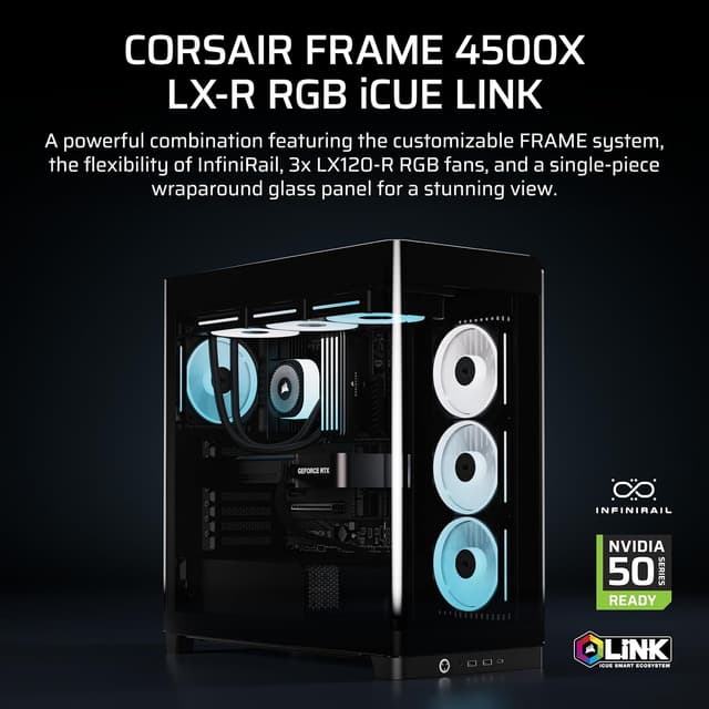 Detalle de Corsair FRAME 4500X LX-R RGB LINK Mid-Tower PC Case with InfiniRail, dual 360mm radiator support and 3x LX120R RGB LINK fans