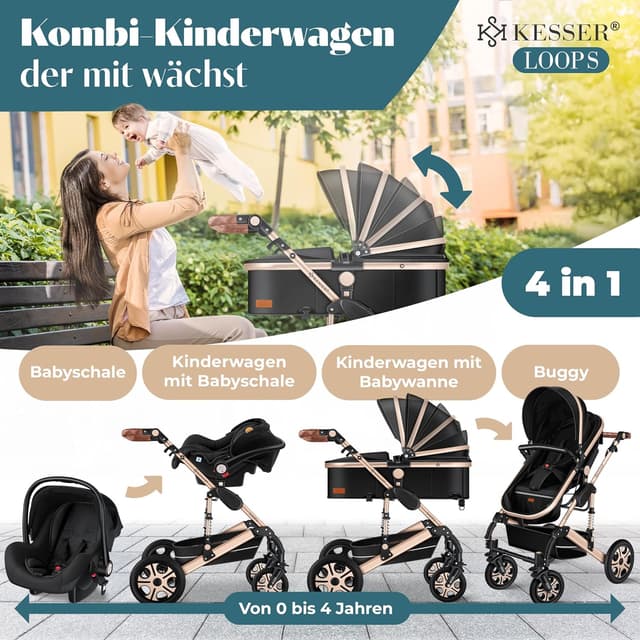 Detalle de KESSER® Loops 4-in-1 Kombikinderwagen Komplett-Set (inkl. Babywanne, Sportsitz, Babyschale, Wickeltasche, Regenschutz) – Schwarz/Champagne