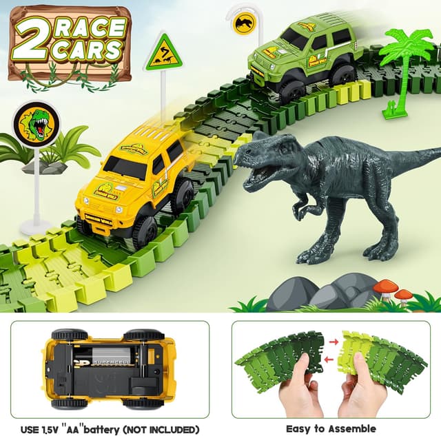 Detalle de Dinosaur Tracks 271-Piece Flexible Dinosaur World Road Race Train Track Set (Race Cars + Dinosaur Figures) for Ages 3+