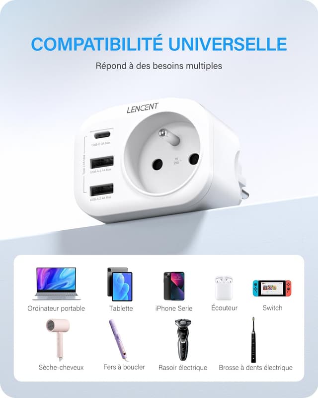 Thumbnail 3 de LENCENT Prise USB 4 en 1 4000W