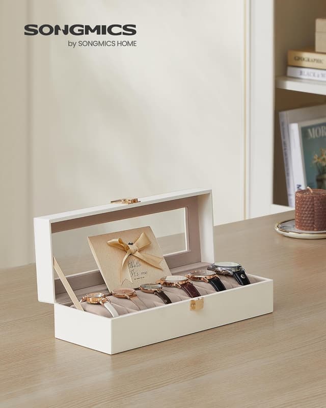 Detalle 2 de SONGMICS Watch Box with 6 Slots (Glass Lid) JWB006W01 in Cloud White PU