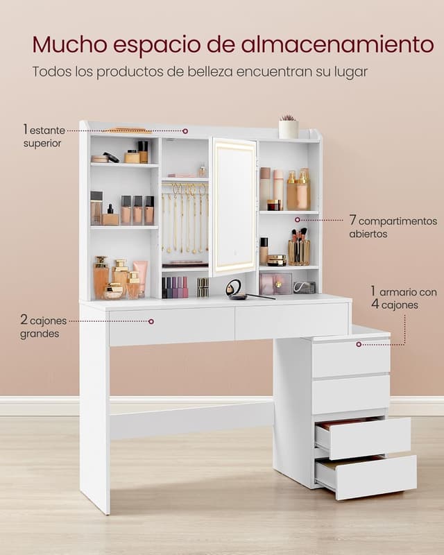 Thumbnail 3 de VASAGLE Tocador con Luces LED 🌟 Blanca, Estantes Ajustables