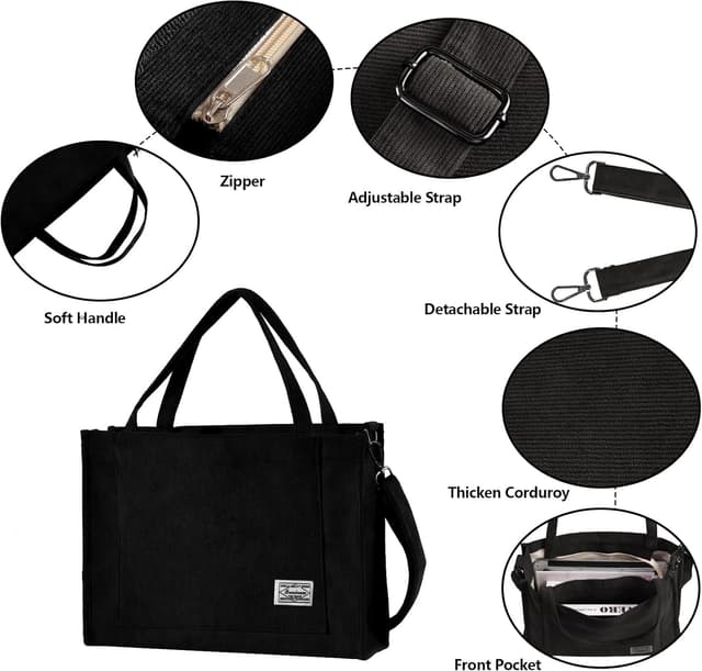 Detalle de Tibroni Sac à main femme en velours côtelé noir : cabas rétro, bandoulière réglable