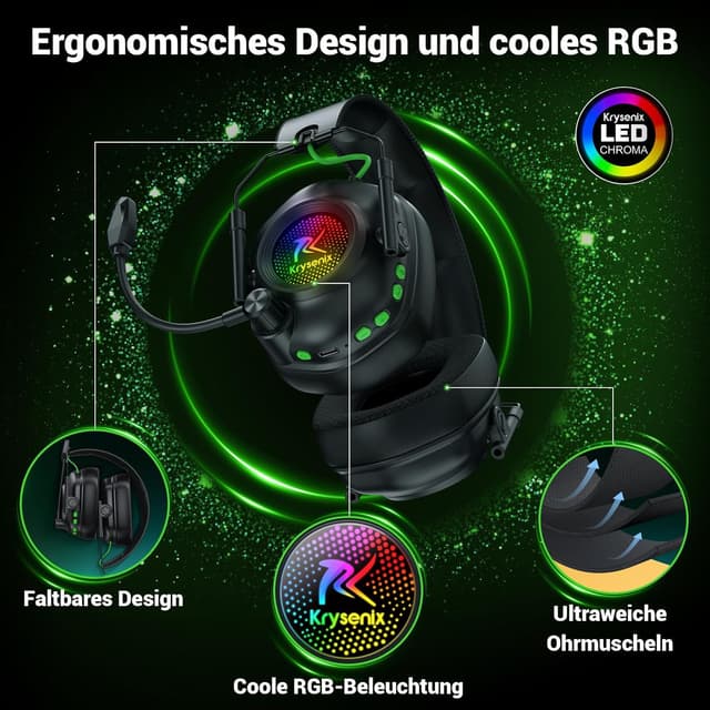 Detalle de Krysenix KGH2 Wireless Gaming-Headset für PS5, PS4, PC, Mac & Switch (2,4 GHz, Mikrofon, Noise Cancelling, LED, bis zu 40 h)