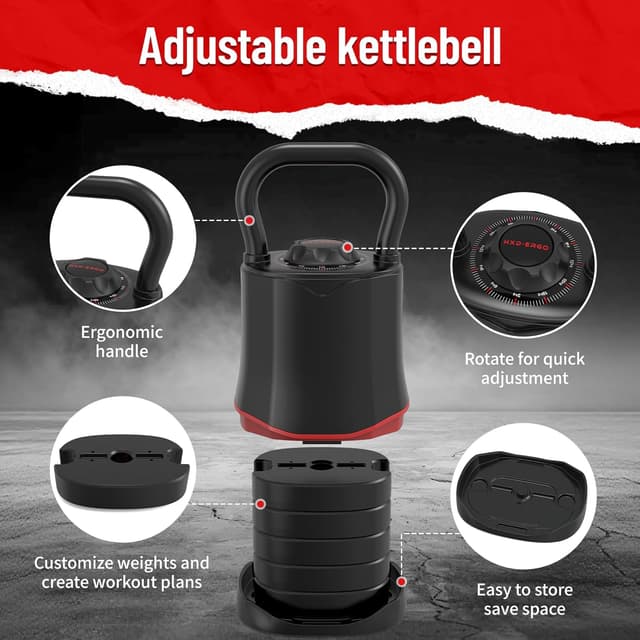 Detalle 2 de HXD-ERGO Adjustable Kettlebell Set 6-in-1 (3–18kg) with handle and space-saving safety lock system