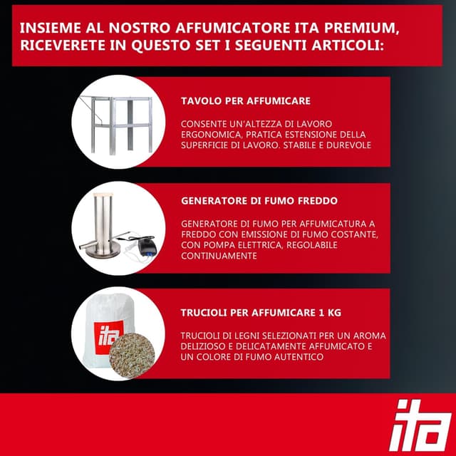 Detalle de ITA Smoker Set con generatore di fumo, tavolo e forno affumicatore da 81 cm