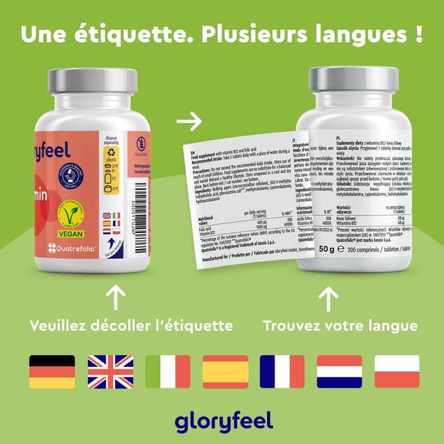 Detalle de Gloryfeel Vitamine B12 200 comprimés – 1.000 mcg/jour, 2 formes bioactives dont hydroxocobalamine + acide folique 5-MTHF (Quatrefolic®)