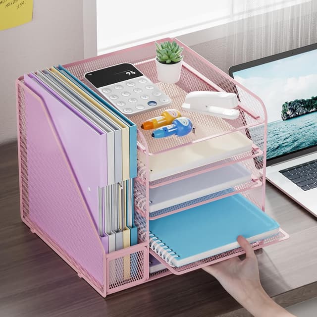 Detalle de Marbrasse Organizer Scrivania a 5 livelli con porta documenti e rete metallica (rosa)