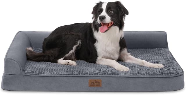 Detalle de COZY KISS Orthopedic Dog Bed for Large Dogs (L Shape) – Waterproof Cover, Anti-Slip, Washable – Grey, 107x76x19cm