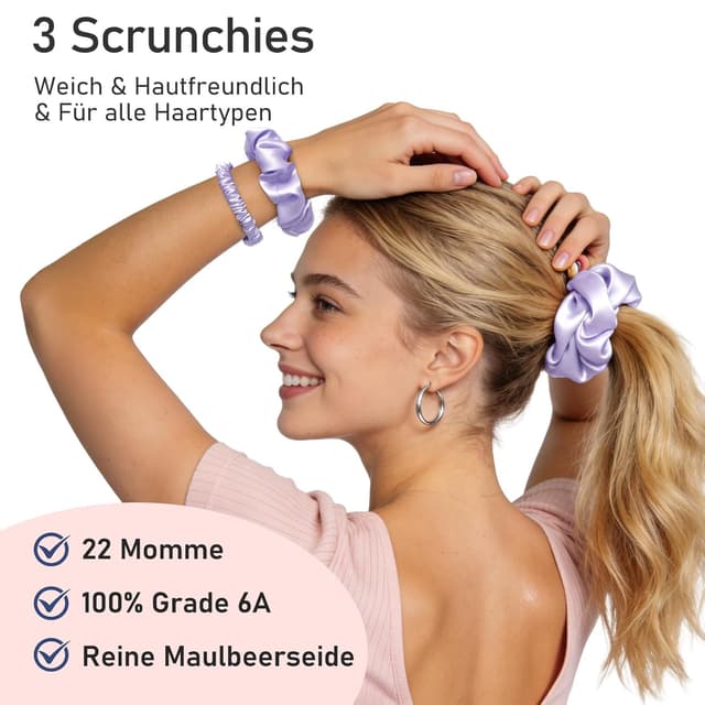 Detalle de LitBear Seiden Scrunchies 3er Set – Haargummis aus 100% Maulbeerseide in 3 Größen