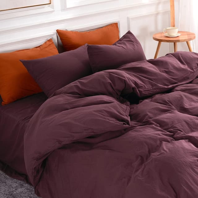 Detalle de NEXHOME PRO Queen Linen-Look Duvet Cover Set in Washed Cotton (Burgundy Dark Red)
