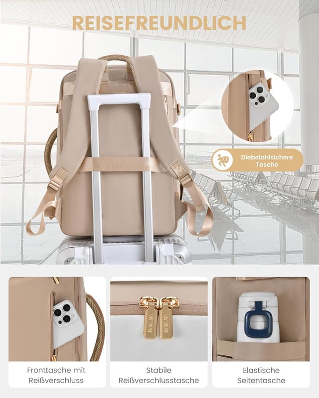 Detalle de LOVEVOOK Handgepäck-Rucksack 50L (18 Zoll) mit erweiterbarem Design – Cabin Bag für Reise & Business, Khaki