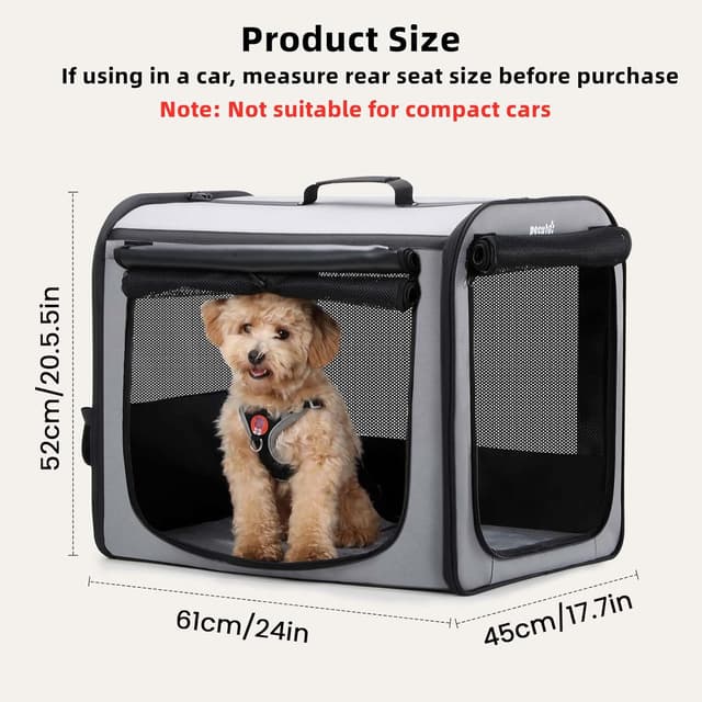 Detalle 2 de Portable Dog Car Carrier Crate with Breathable Windows (61×45×52cm) – Foldable Grey Travel Crate
