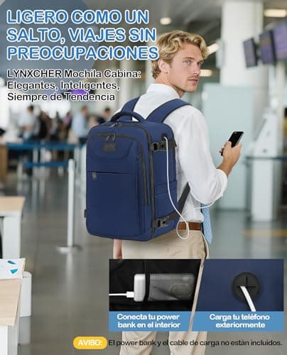Detalle 2 de LYNXCHER Mochila de cabina para avión 40x20x25 cm (compatible con Ryanair) con espacio para portátil de 14" Azul oscuro