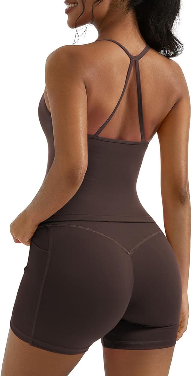 Detalle de OMKAGI 2-Piece Workout Set for Women: Padded Sports Bra Tank + Scrunch Shorts with Pockets