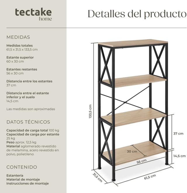 Detalle 2 de tectake® Estanteria Metalica 4 estantes 61,5 cm