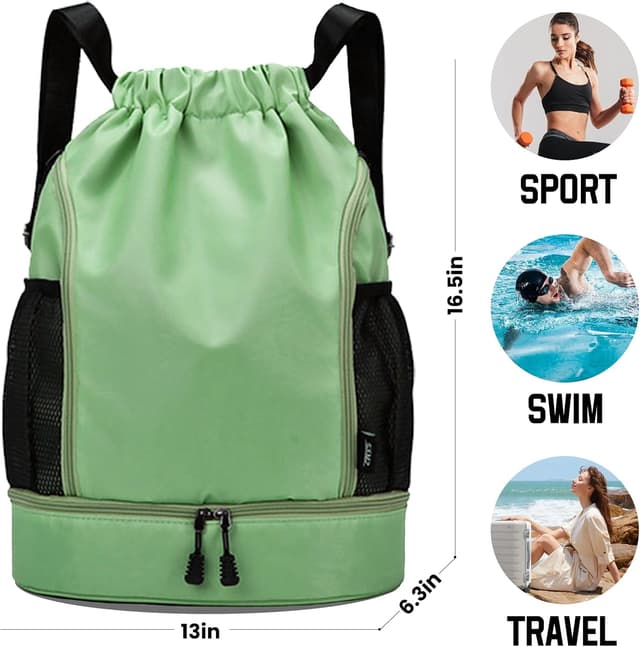 Detalle 2 de RainFlowwer Waterproof Drawstring Gym Bag with Shoe Compartment (Large) – Sports Backpack for Gym, Travel, Hiking & Daily Use