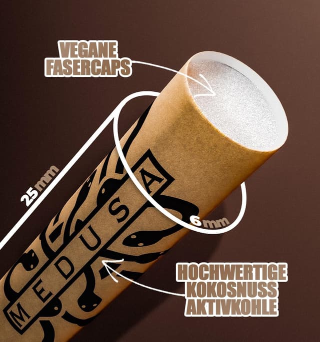 Detalle de Medusafilters Organic Edition: 250 Slim-Aktivkohlefilter (6 mm Ø) mit veganen Fasercaps & Kokos-Aktivkohle