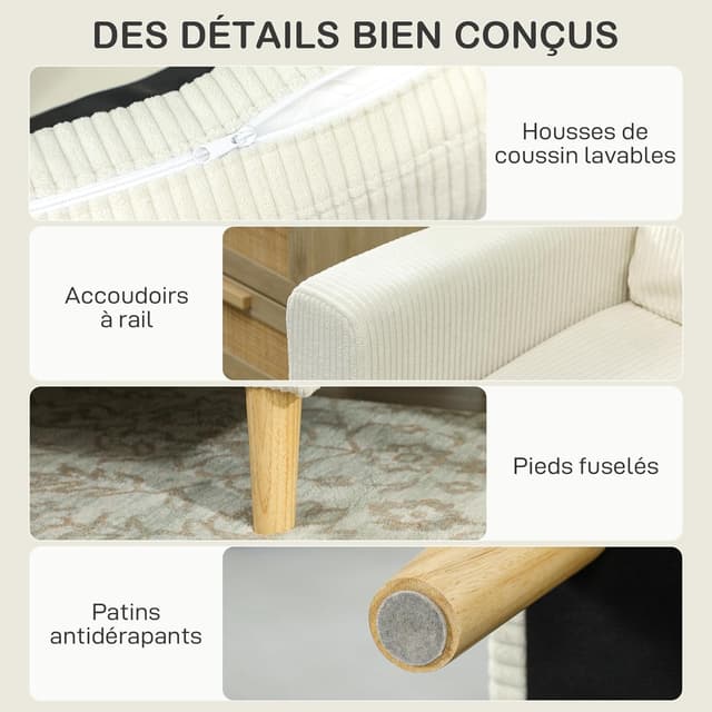 Thumbnail 6 de HOMCOM Canapé 3 places en velours côtelé beige avec repose-pieds et rangement