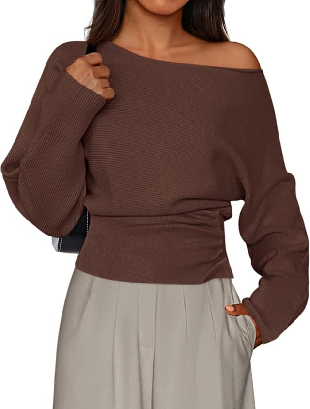 Detalle de PRETTYGARDEN Women Off The Shoulder Sweater — off-shoulder ribbed knit pullover for fall and winter