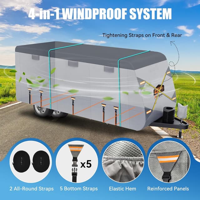 Detalle de Xenjum 7-Layer RV Cover for 33–35 ft Travel Trailers (Weatherproof, UV Resistant) + Gutter & Jack Covers