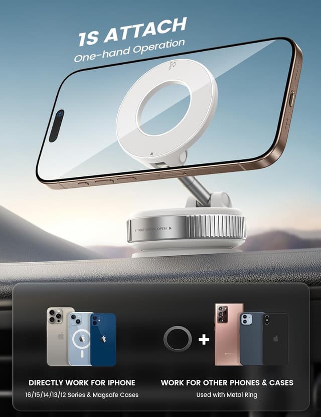 Detalle de Lamicall Vacuum Magnetic Car Phone Holder (2025) with MagSafe-style support and 360° rotation – White