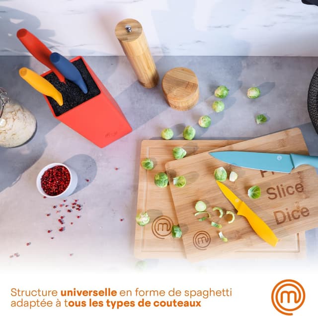 Detalle de Coffret de 5 couteaux de cuisine MasterChef avec bloc — couteau d’office, pain, chef, multi-usage et tranchant