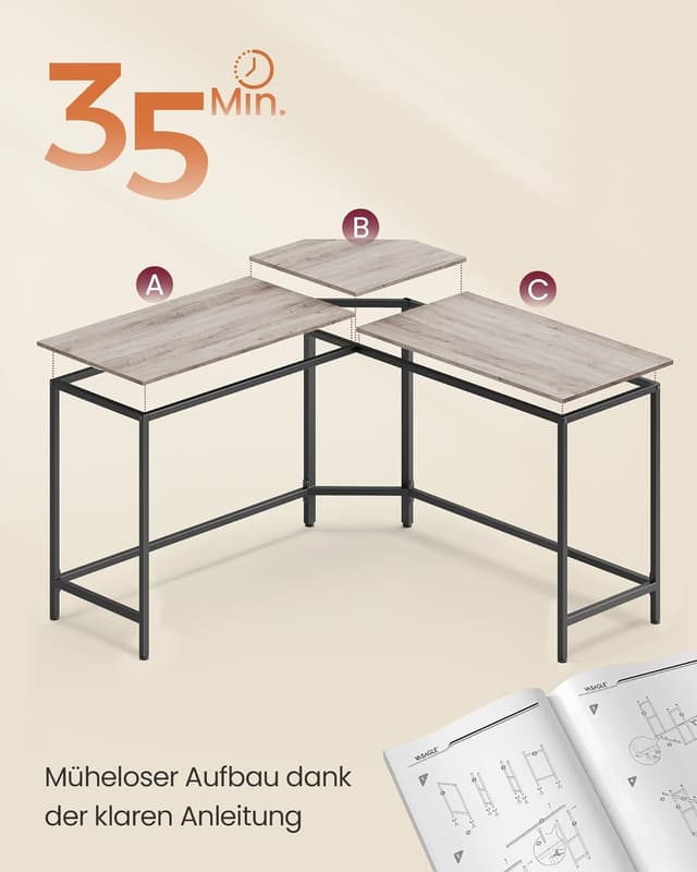 Detalle de VASAGLE L-förmiger Schreibtisch (140 x 140 x 76 cm) für die Ecke – platzsparender Eck- & Gaming-Tisch Greige meliert-tintenschwarz