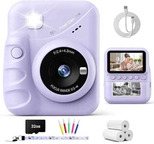 Detalle de Cámara instantánea infantil TIATUA (3,0'' HD, 48 MP) con impresión sin tinta y tarjeta de 32 GB, morado