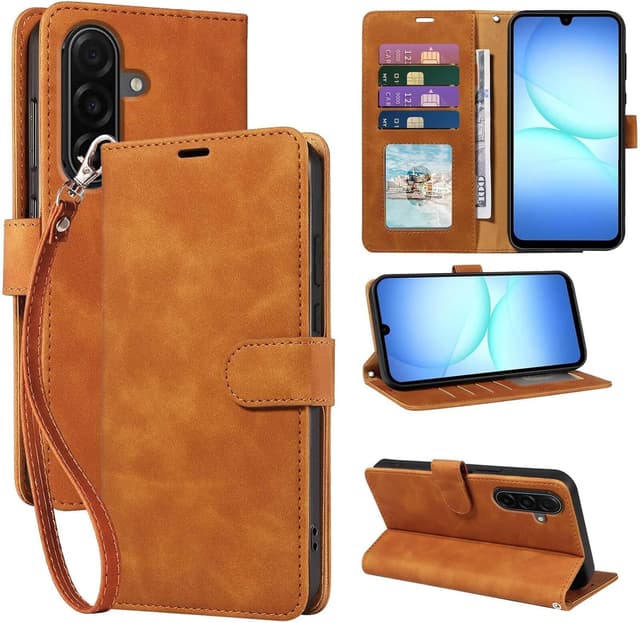 Detalle de GOTOURED Leather Wallet Flip Case for Samsung Galaxy A17 5G (Brown) with RFID blocking and kickstand