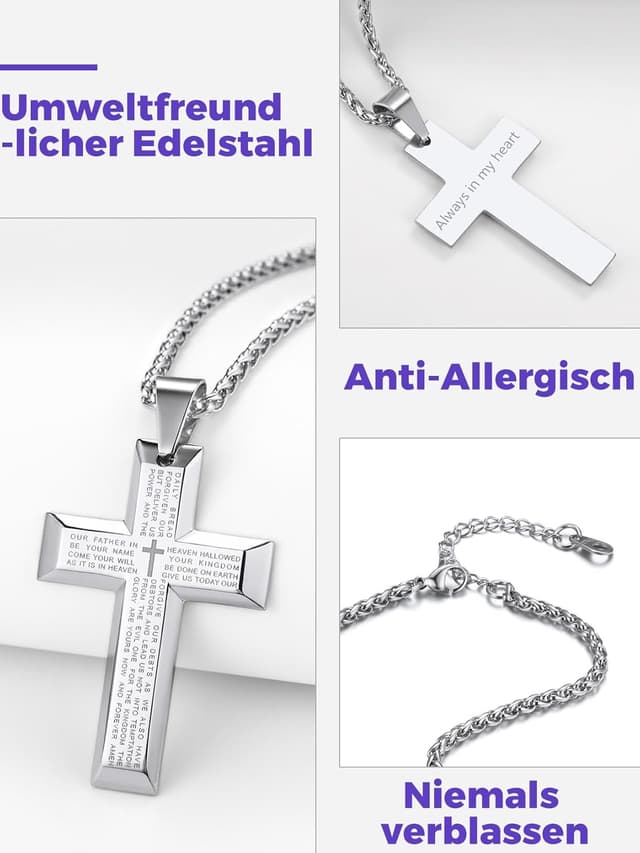 Detalle de Richsteel Kreuzkette Halskette Herren (Edelstahl, Silber/Gold/Schwarz) verstellbar 55+5 cm, personalisierbar