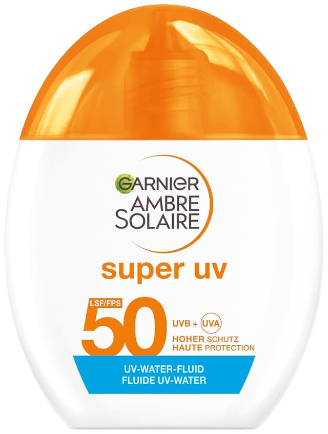 Detalle de Garnier Ambre Solaire Super UV UV-Water-Fluid LSF 50 – erfrischende Sonnencreme für das Gesicht, Dry-Touch, unsichtbares Finish, 40 ml