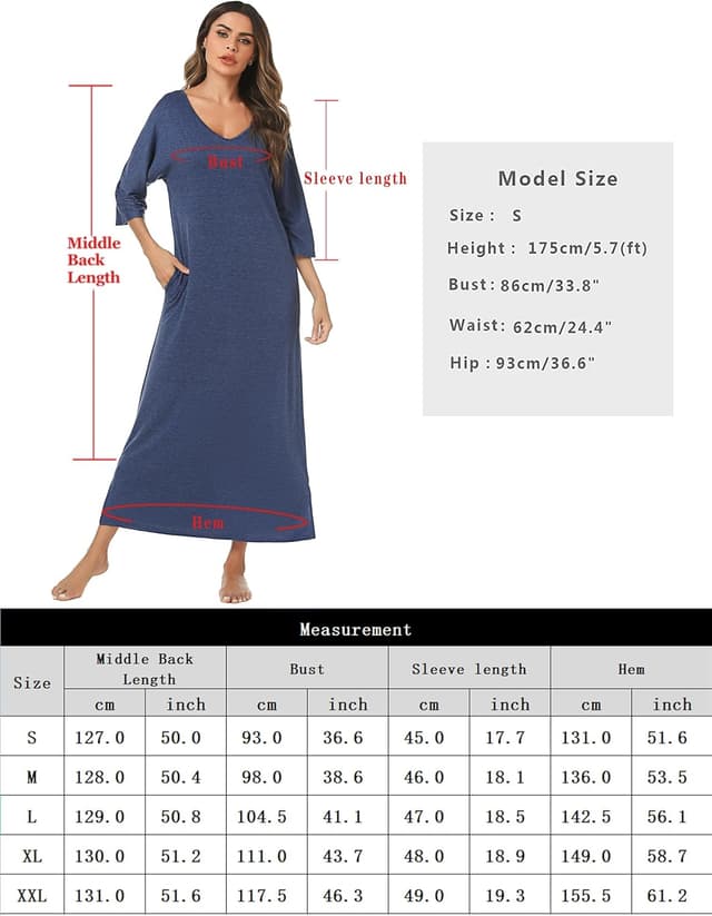 Thumbnail 6 de Uniexcosm chemise de nuit femme longue en coton (95 % coton, col en V, poches latérales)