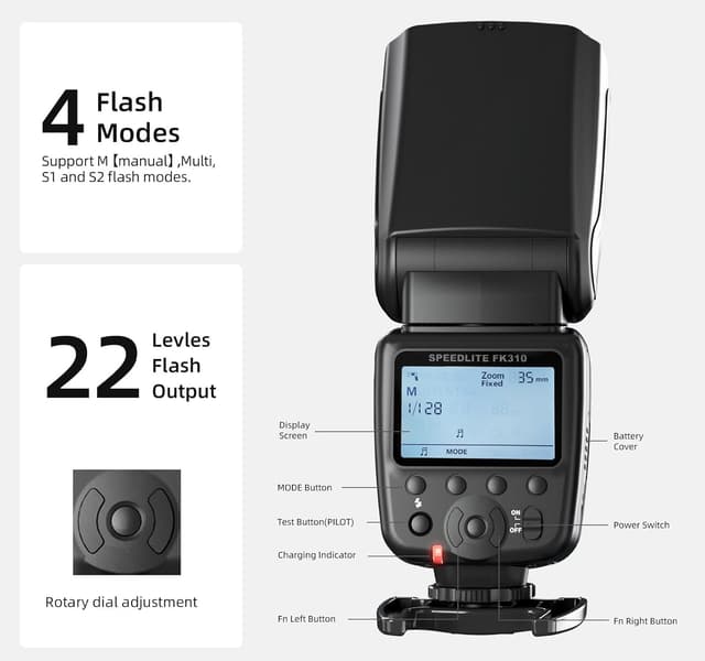 Detalle 2 de PHOTOOLEX FK310 LCD Speedlite con slitta hot shoe e modalità manuale/S1/S2 per Canon, Nikon, Sony e altre reflex mirrorless