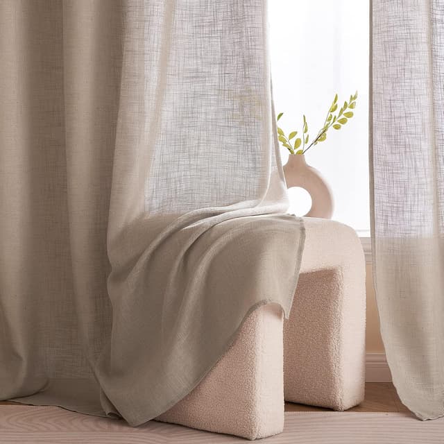 Detalle de Woaboy Leinen Kruz Gardinen-Set (2 Stück) halbtransparent mit Ösen, Dunkelbraun, 140x160 cm