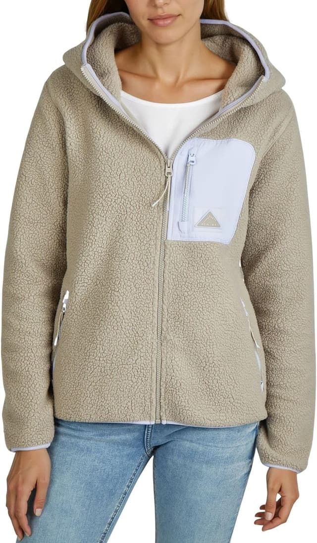 Detalle de DENIMFY Fleecejacke Damen Regular Fit DFLea mit Teddyfleece, Kapuze und hohem Kragen