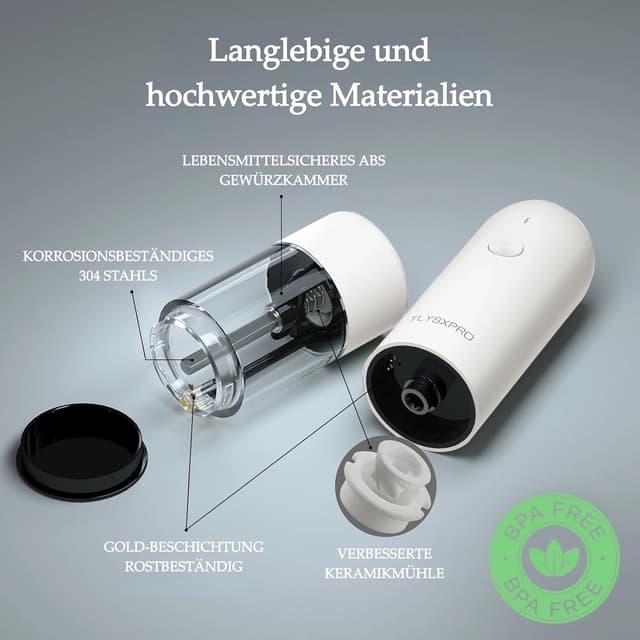 Detalle de TLYSXPRO elektrische Salz- und Pfeffermühle im 2er-Set (USB wiederaufladbar, einstellbare Grobheit) – weiß
