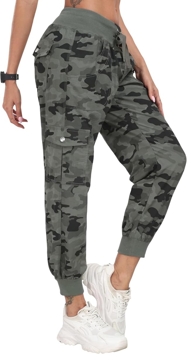 Detalle de JINSHI Damen-Cargohose „Lange Capri“ High Waist mit Kordelzug – atmungsaktiv, leicht und mit Cargo-Taschen