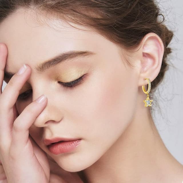 Detalle 2 de Josfeva 925 Sterling Silver Hanging Hoop Earrings with Zirconia Pendants (Star, Teardrop or Heart)