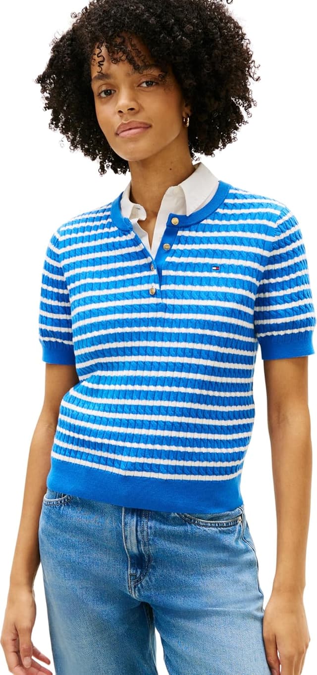 Detalle de Tommy Hilfiger Co Cable Fine GG SS Henley WW0WW49613 pullover da donna